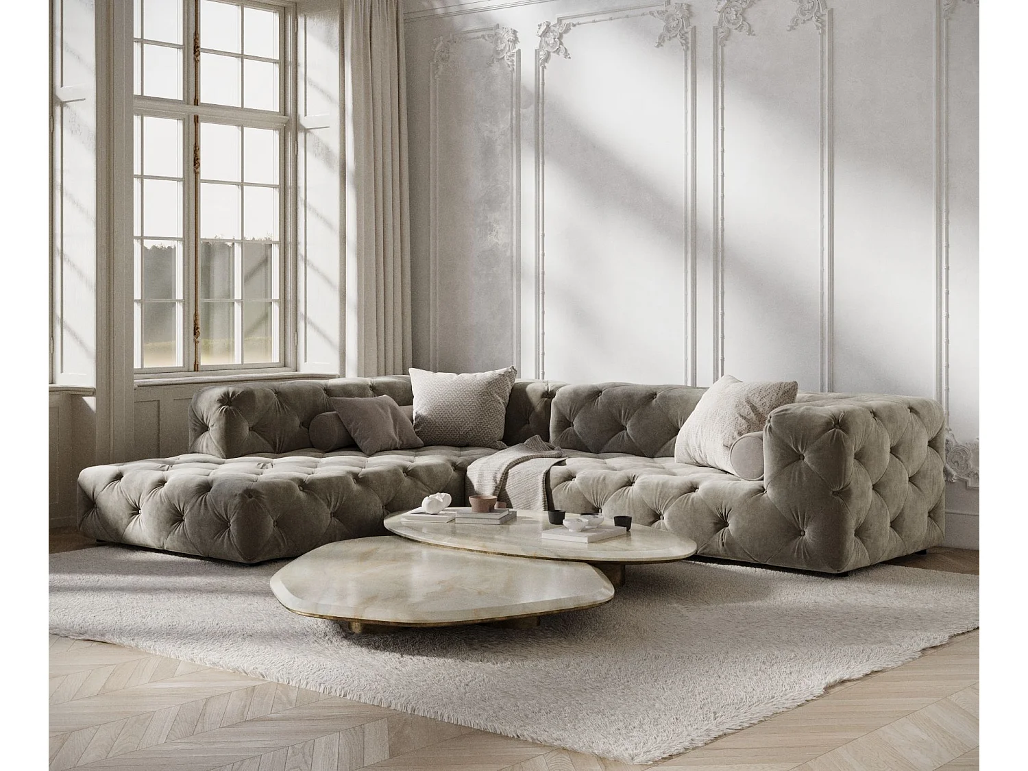 Canapé d'angle Cosimo - velours - 5 places - taupe