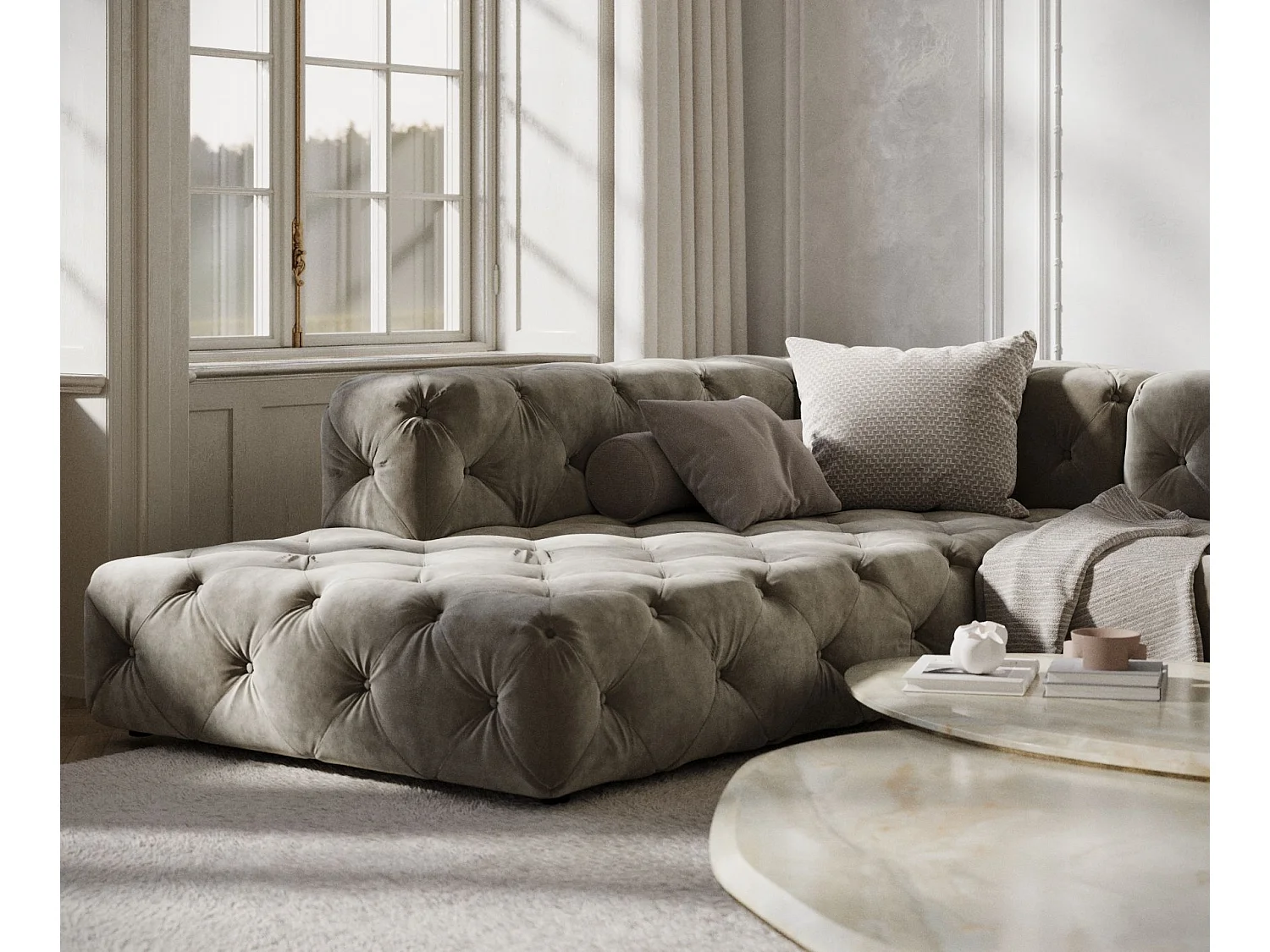 Canapé d'angle Cosimo - velours - 5 places - taupe