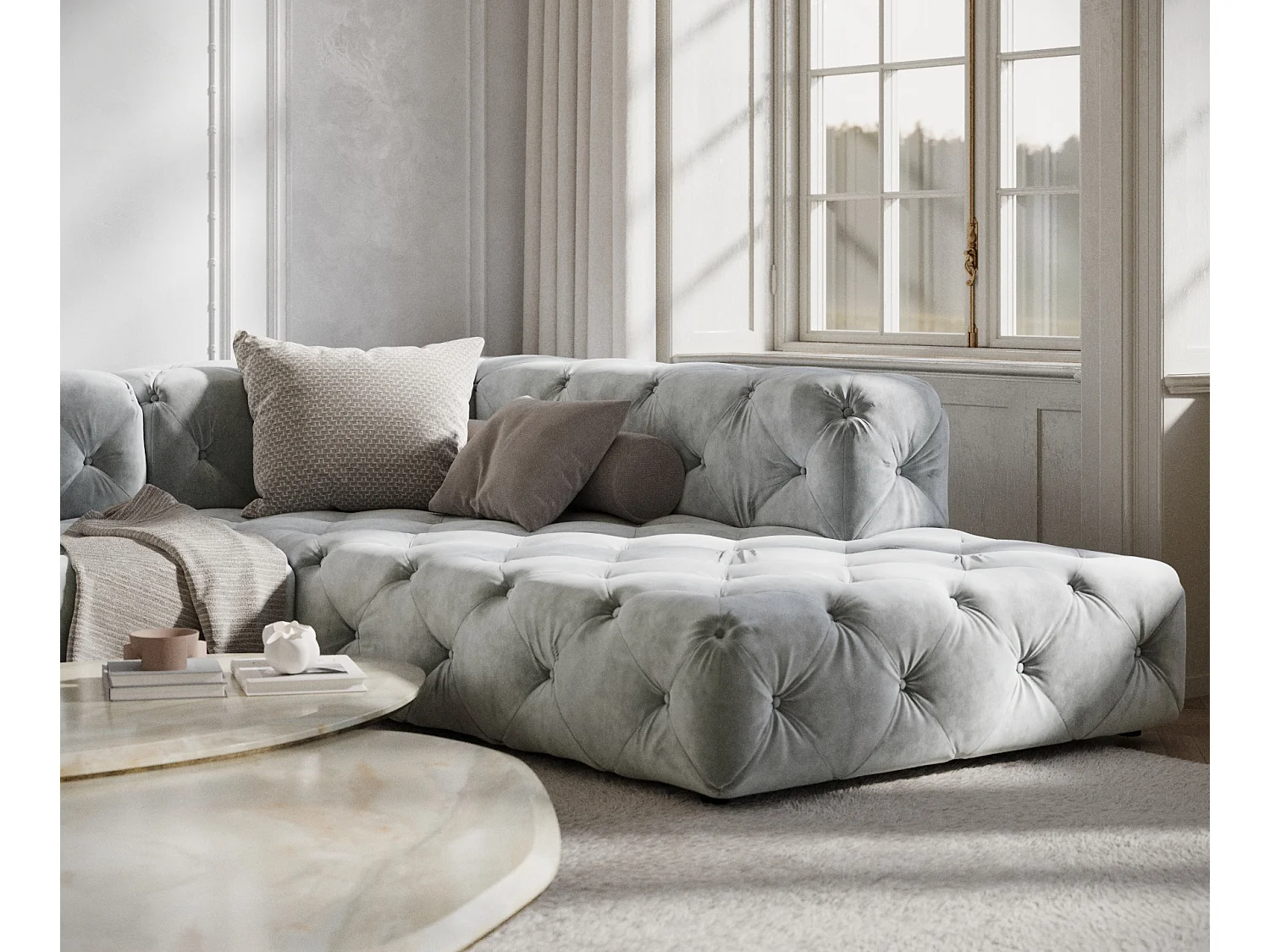 Canapé d'angle Cosimo - velours - 5 places - gris clair