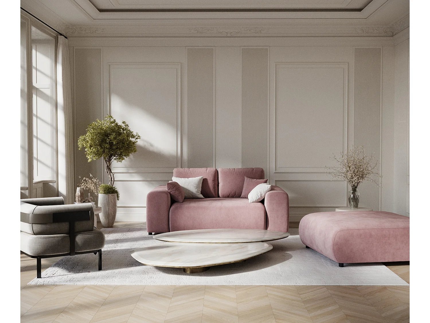 Canapé en tissu velours Zanzibar - 2 places - rose