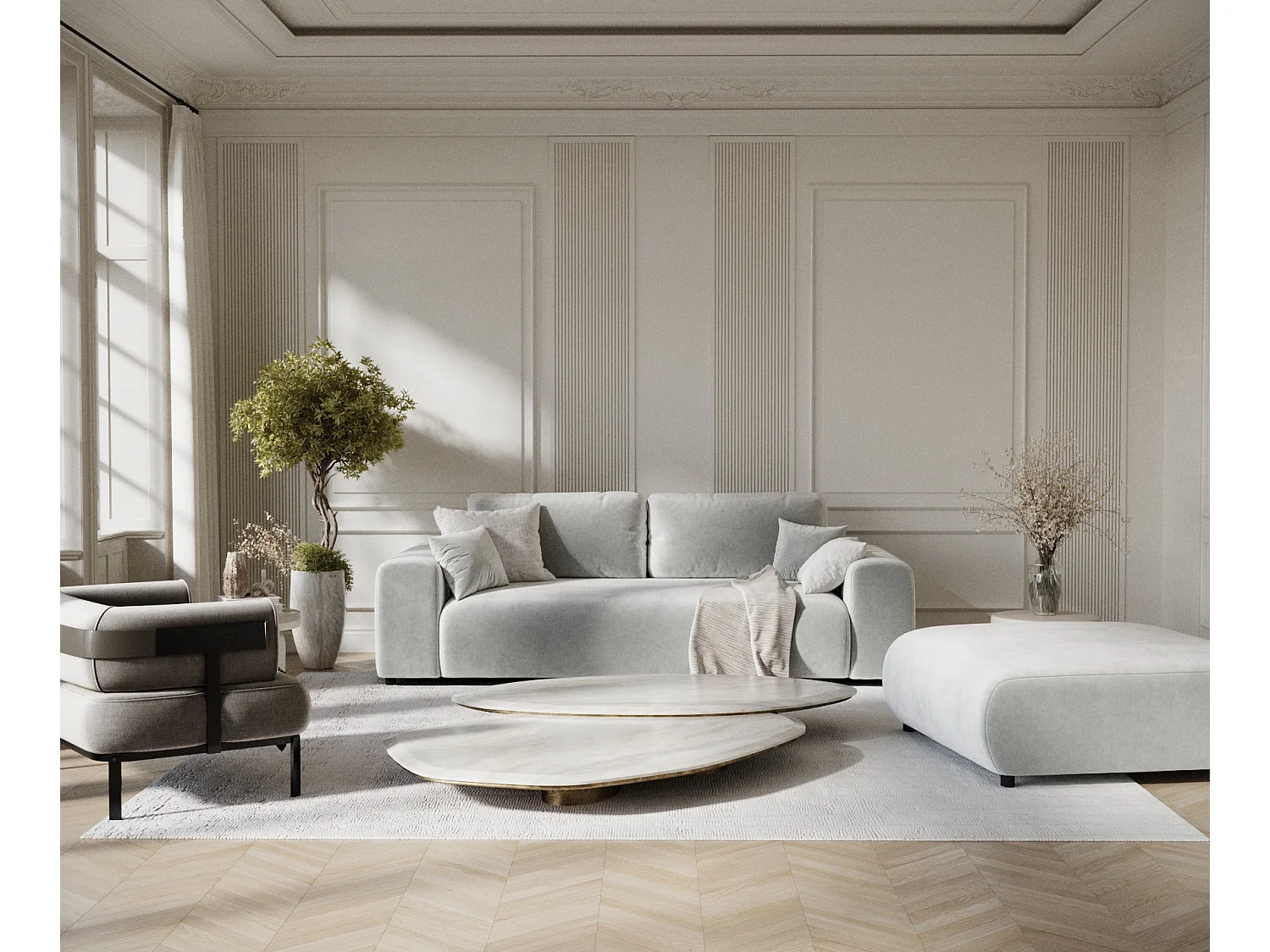 Canapé en tissu velours Zanzibar - 3 places - gris clair