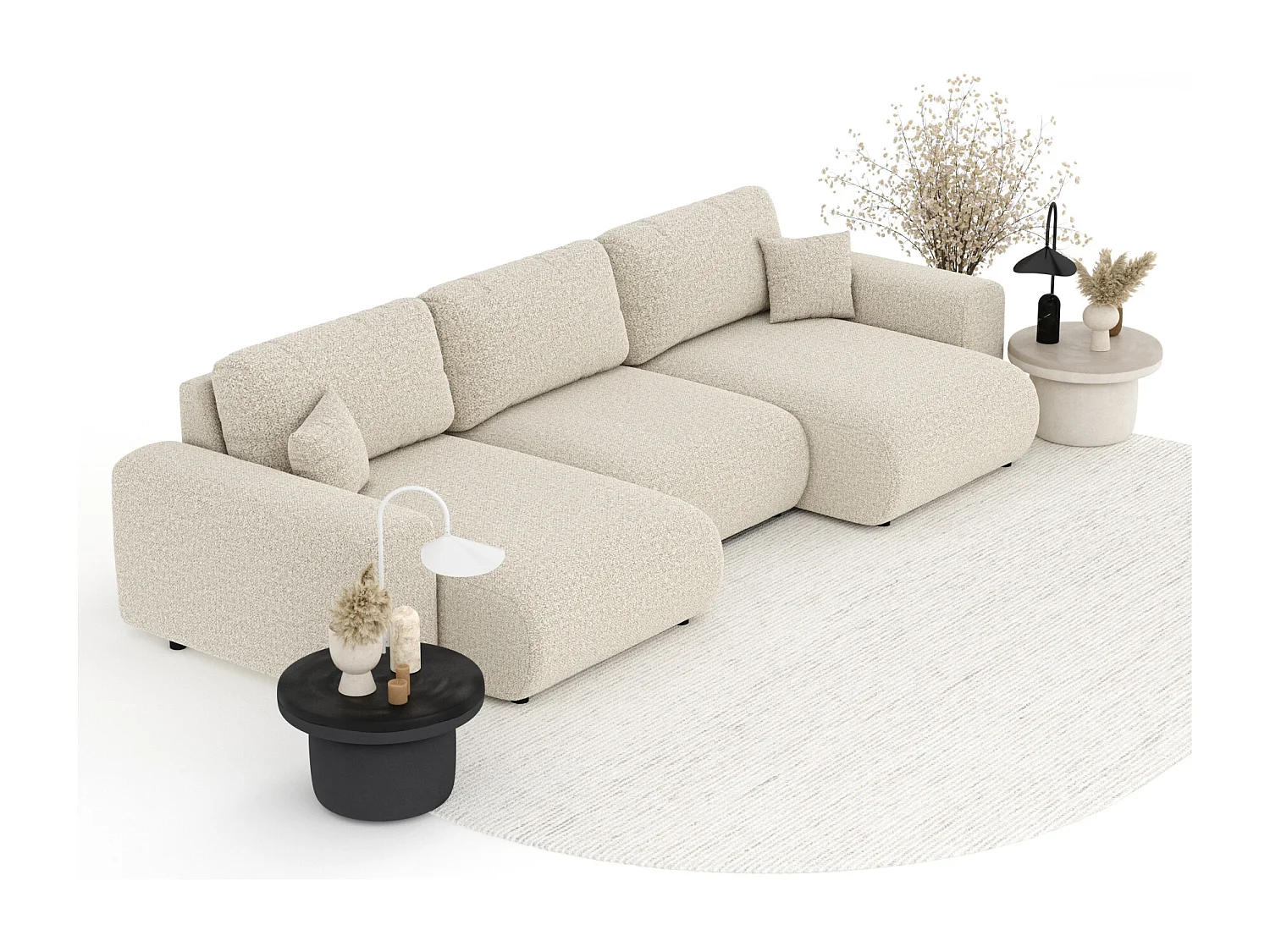 Canapé d'angle panoramique en tissu bouclette Zanzibar - 6 places - beige