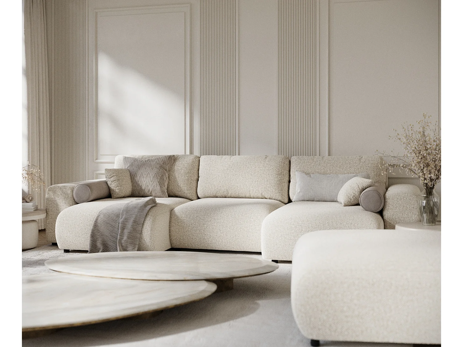 Panorama-Sofa aus Boucle-Stoff Zanzibar - Sechs-Personen - beige