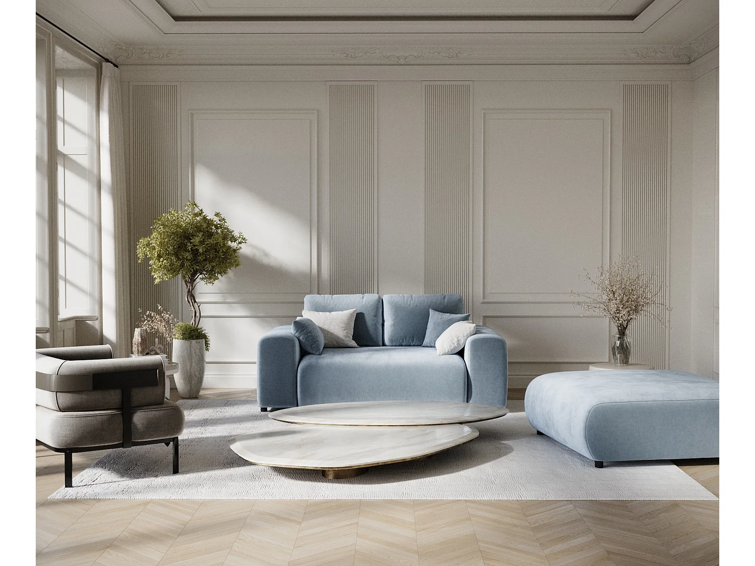 Canapé en tissu velours Zanzibar - 2 places - bleu