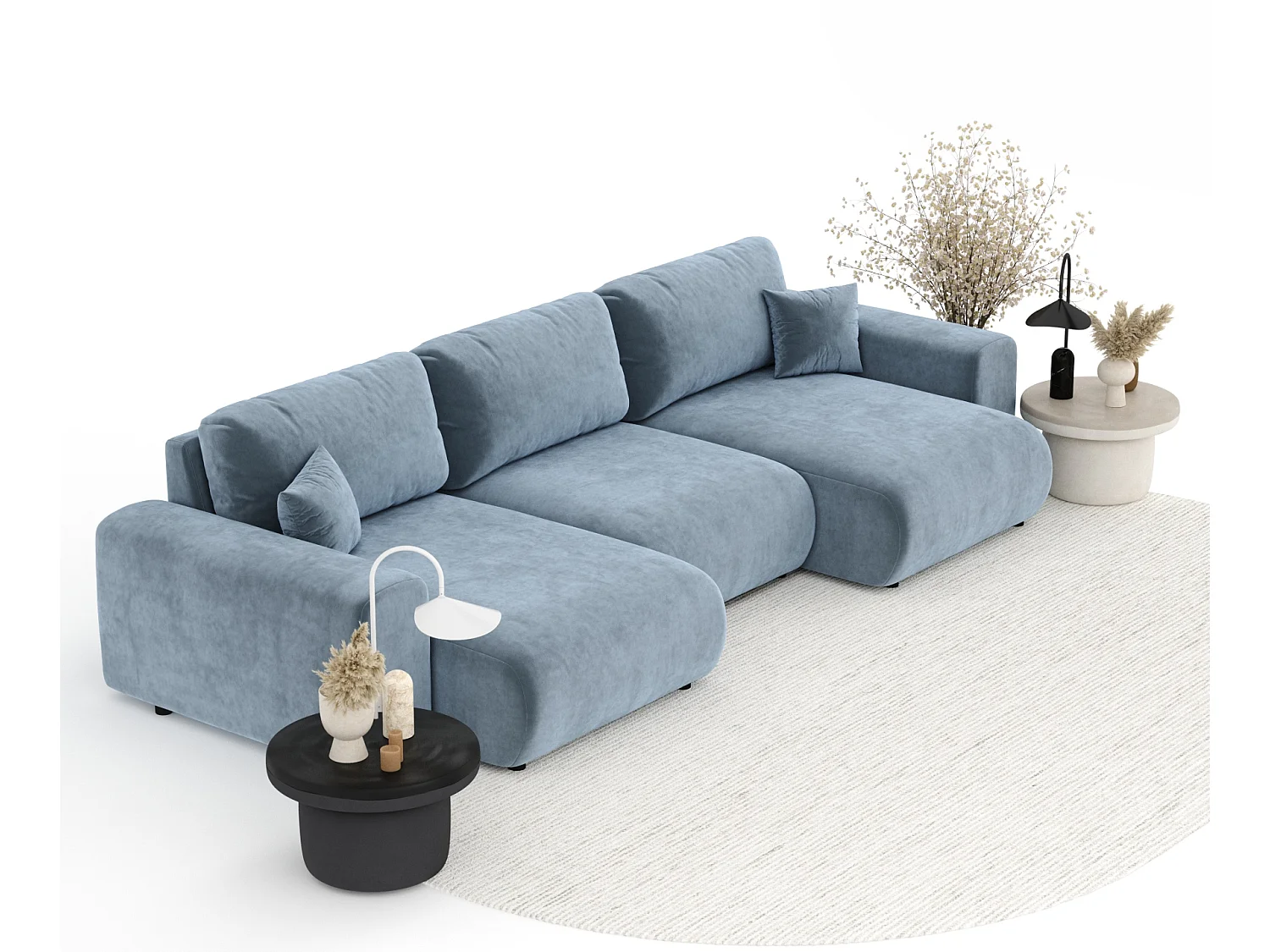 Canapé d'angle panoramique en tissu velours Zanzibar - 6 places - bleu