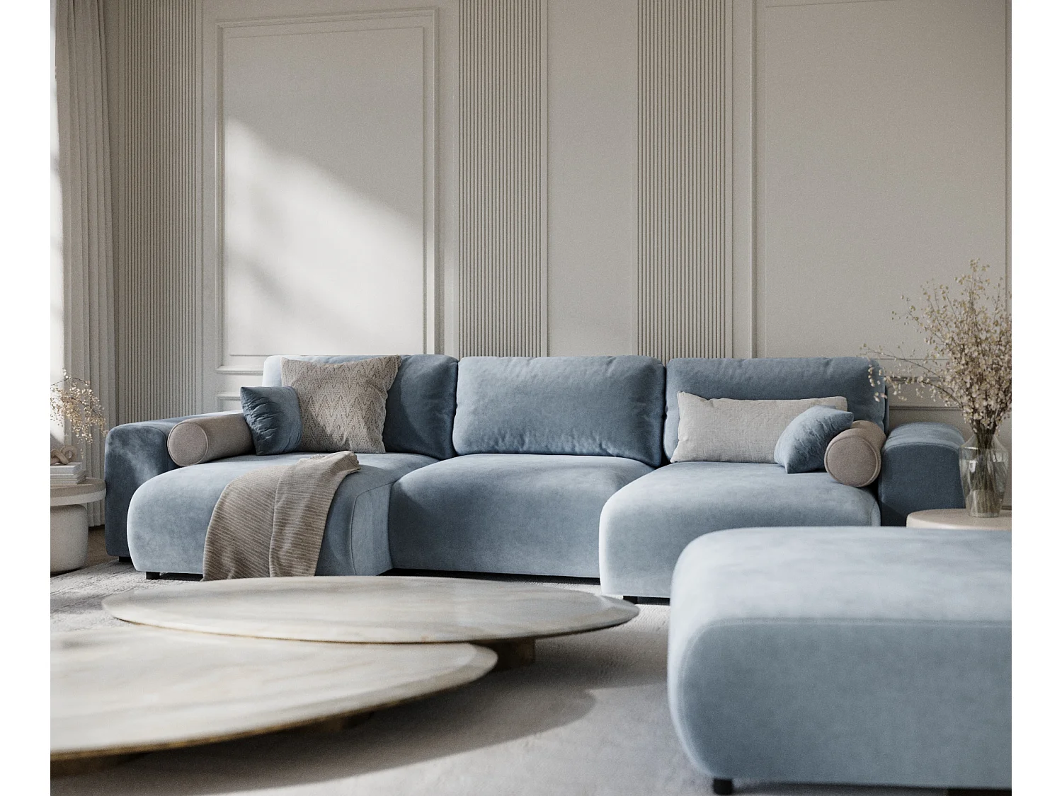 Canapé d'angle panoramique en tissu velours Zanzibar - 6 places - bleu