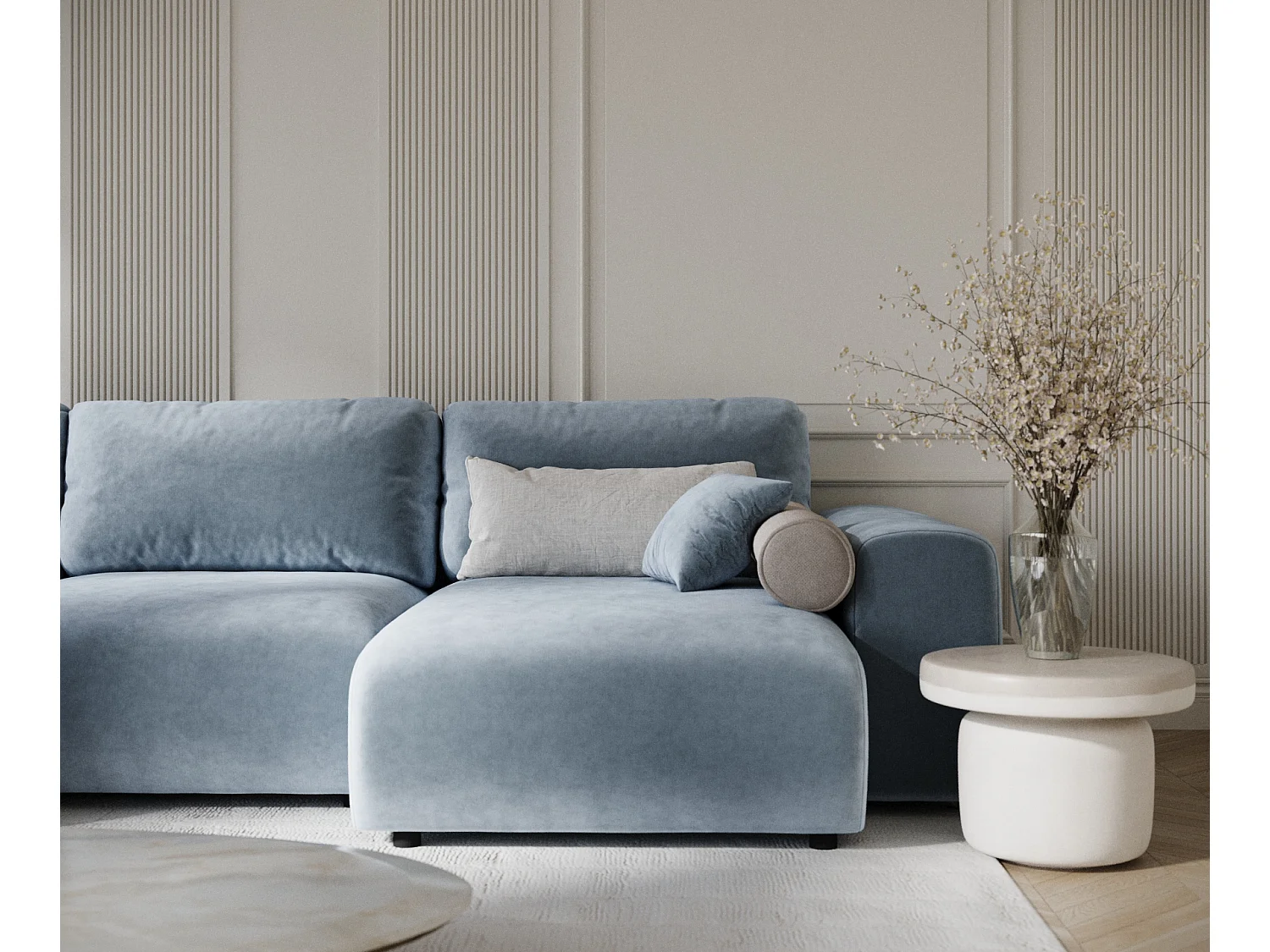 Canapé d'angle panoramique en tissu velours Zanzibar - 6 places - bleu