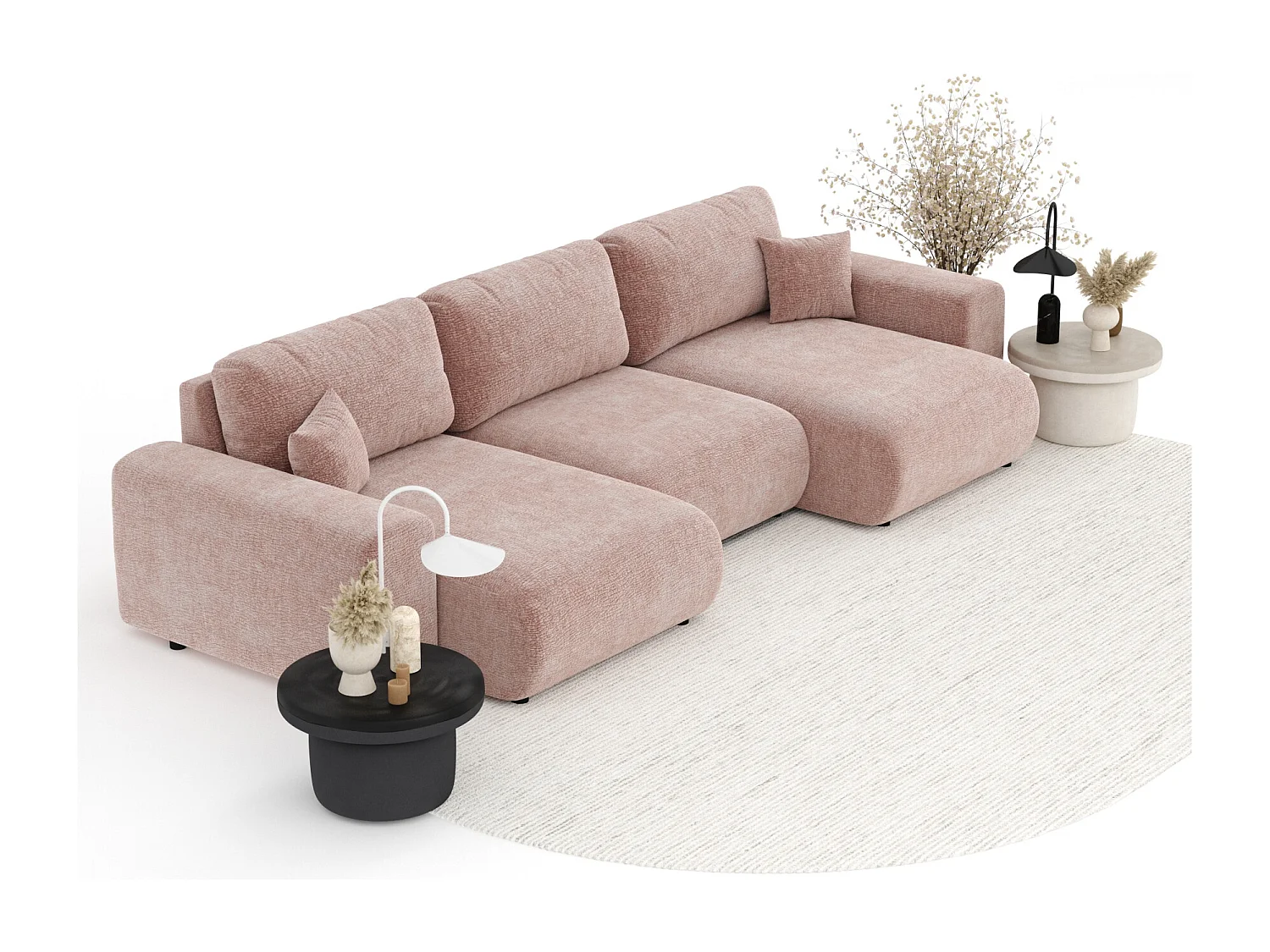 Canapé d'angle panoramique en tissu chenille Zanzibar - 6 places - rose