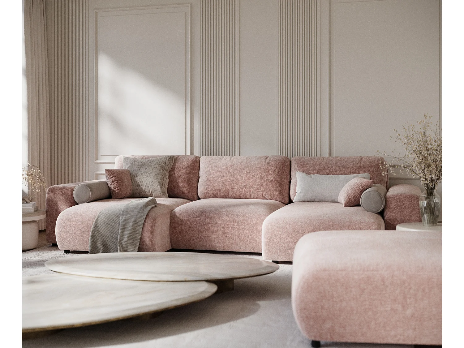 Canapé d'angle panoramique en tissu chenille Zanzibar - 6 places - rose