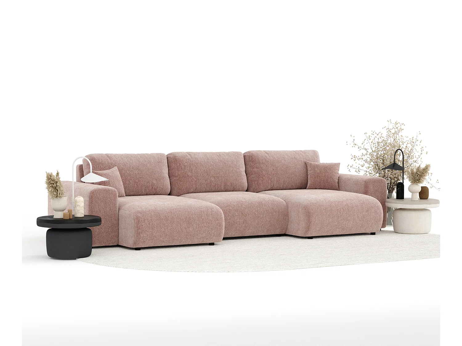 Canapé d'angle panoramique en tissu chenille Zanzibar - 6 places - rose