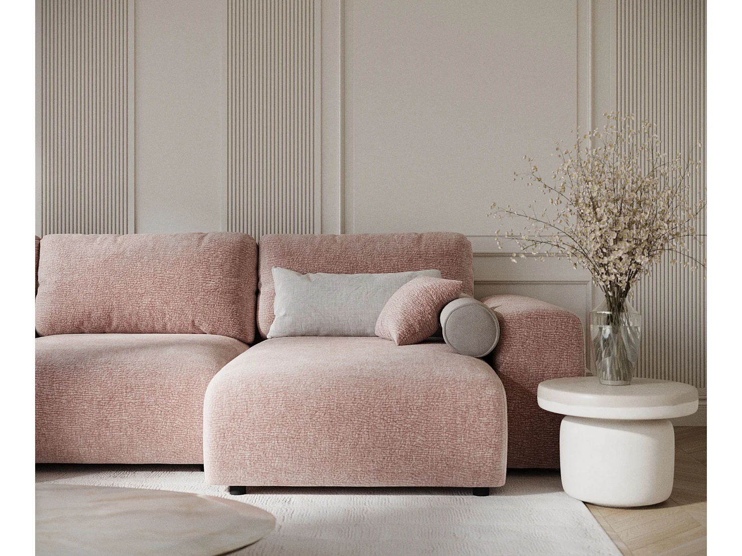 Canapé d'angle panoramique en tissu chenille Zanzibar - 6 places - rose