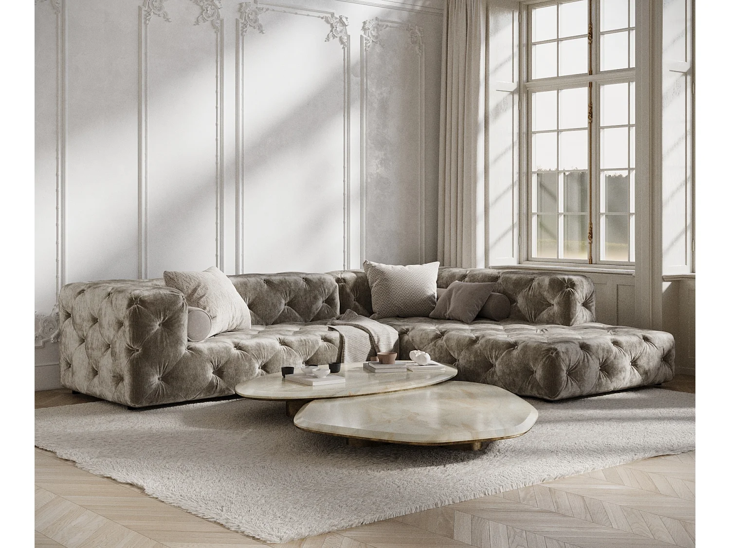 Canapé d'angle Cosimo - chenille - 5 places - beige