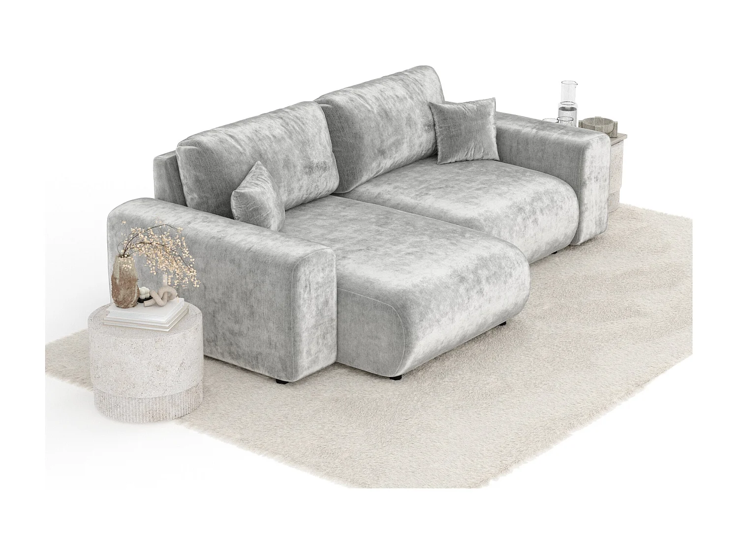 Canapé d'angle en tissu chenille Zanzibar - 4 places - gris clair