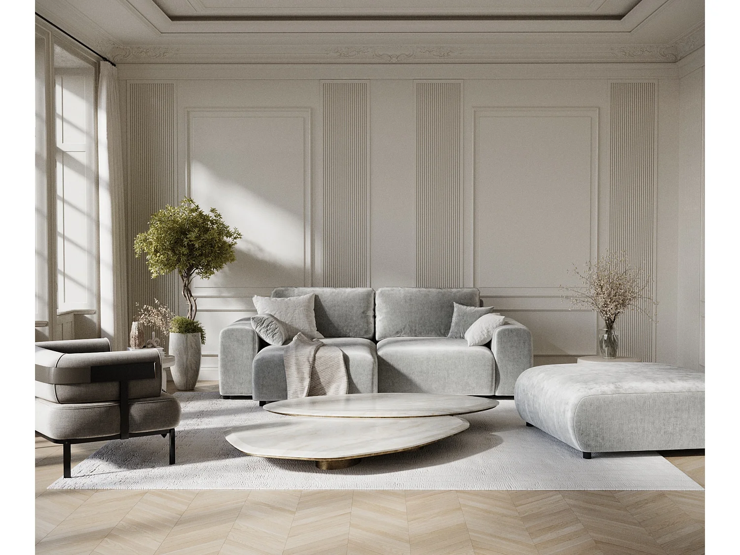 Canapé d'angle en tissu chenille Zanzibar - 4 places - gris clair