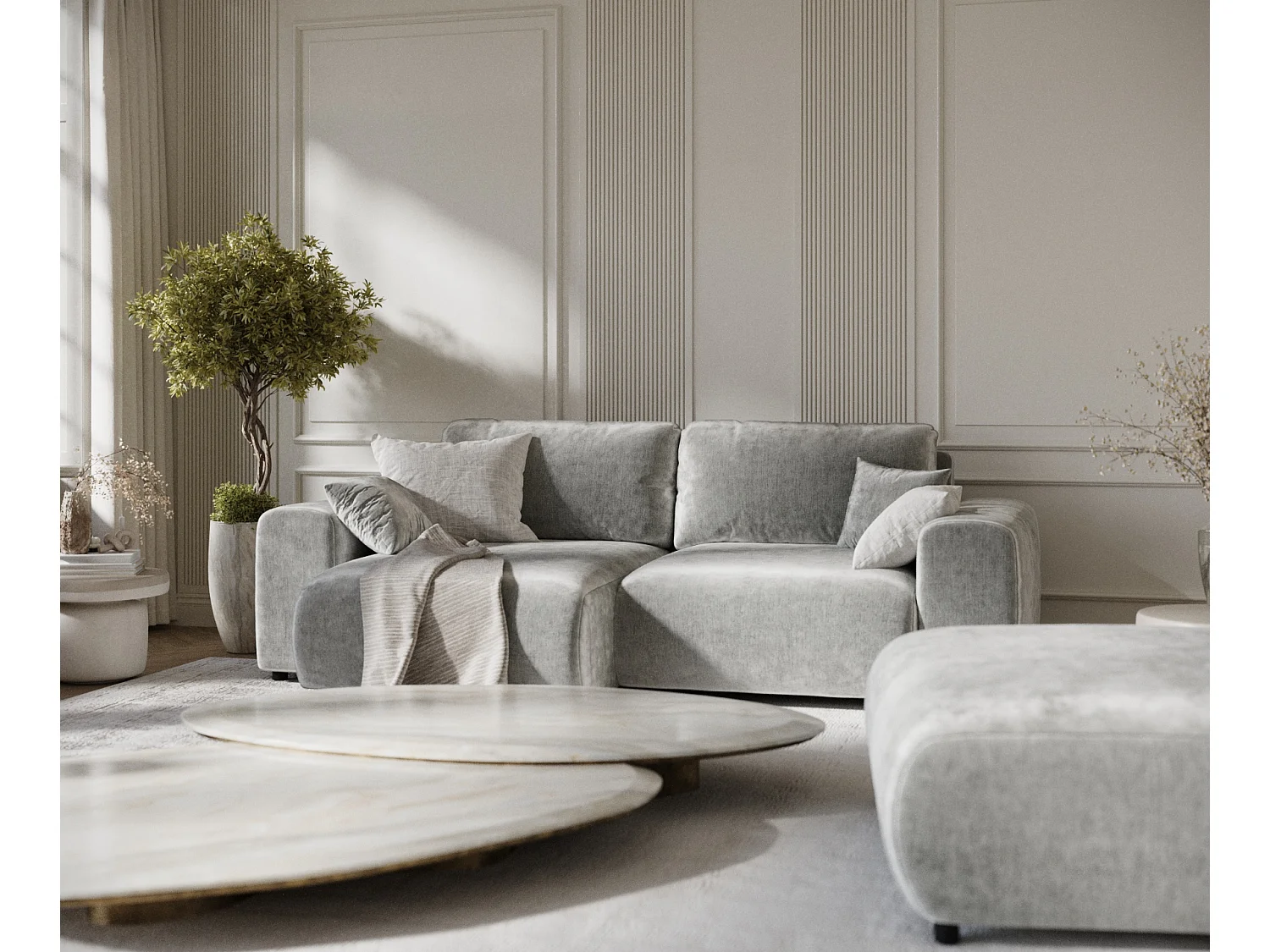 Canapé d'angle en tissu chenille Zanzibar - 4 places - gris clair