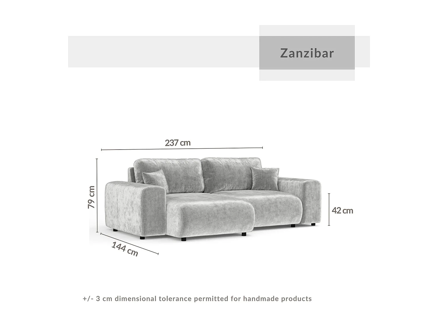 Canapé d'angle en tissu chenille Zanzibar - 4 places - gris clair