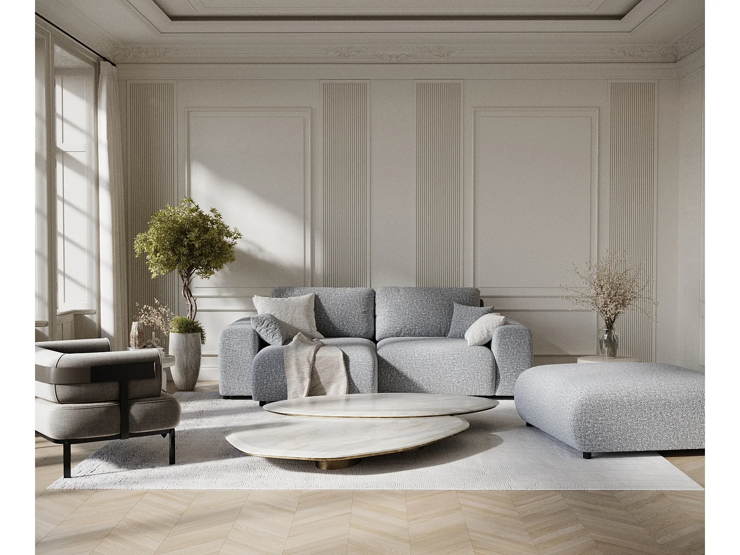 Canapé d'angle en tissu bouclette Zanzibar - 4 places - gris