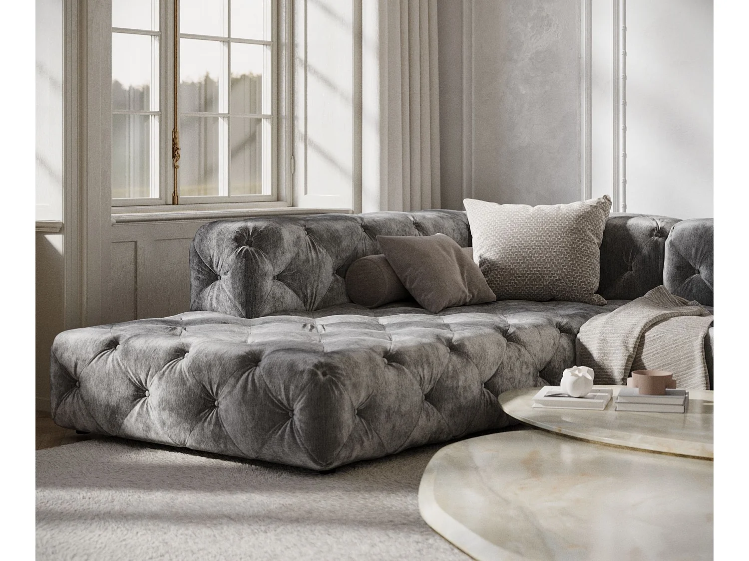 Canapé d'angle Cosimo - chenille - 5 places - gris