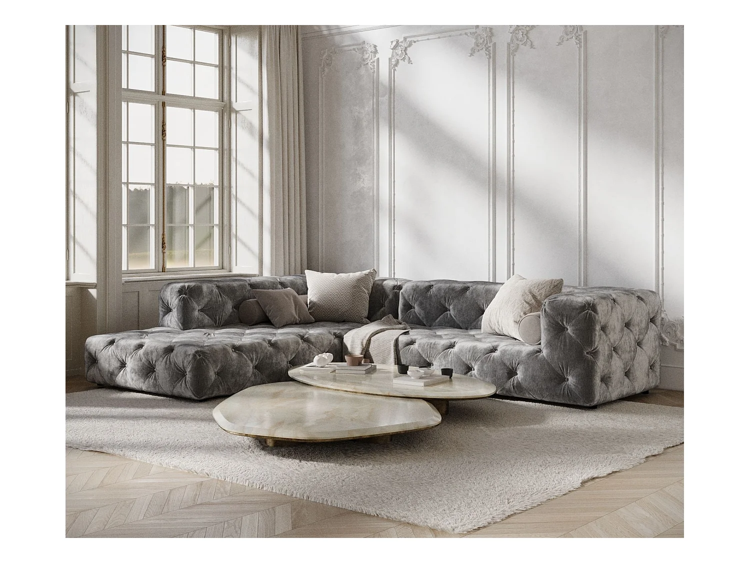 Ecksofa Cosimo - Chenille-Stoff - Fünf-Personen - grau