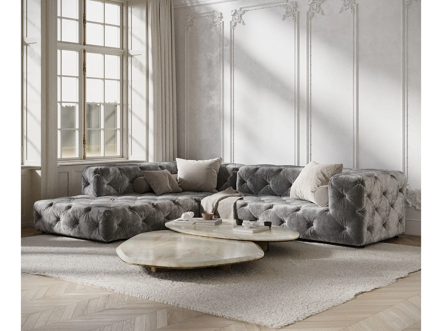 Canapé d'angle Cosimo - chenille - 5 places - gris