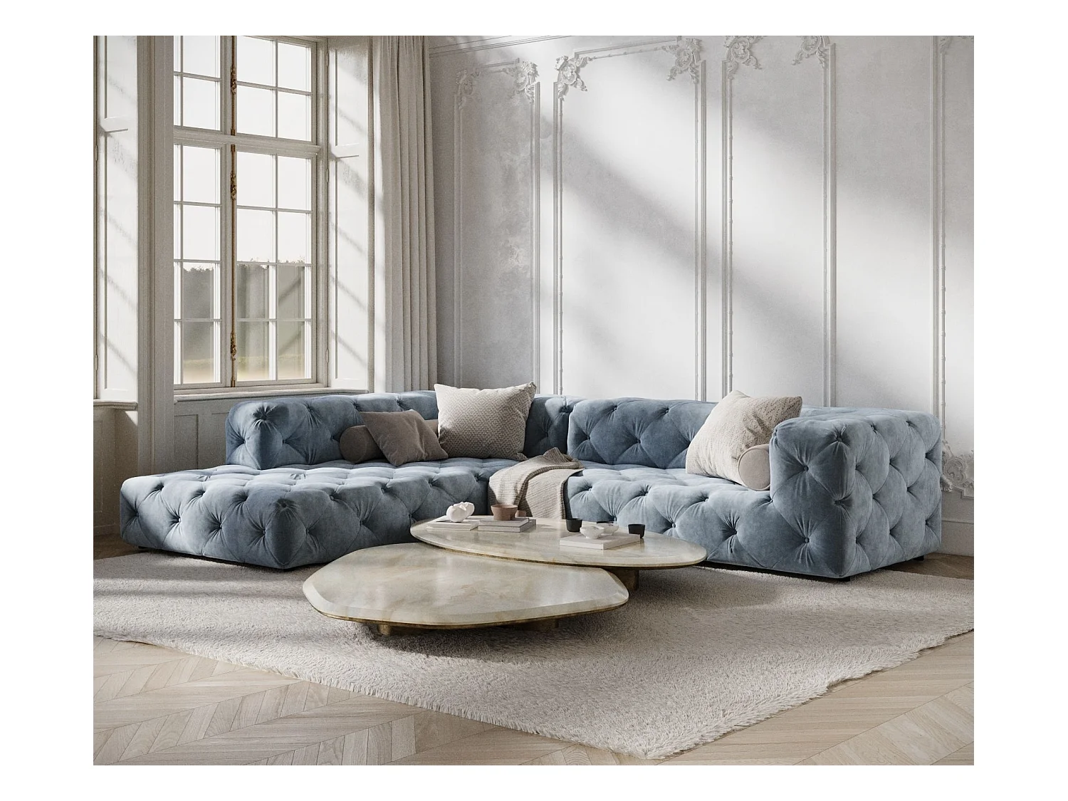 Ecksofa Cosimo - Samtstoff - Fünf-Personen - blau