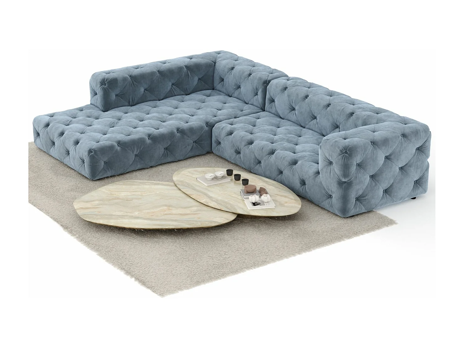 Canapé d'angle Cosimo - velours - 5 places - bleu