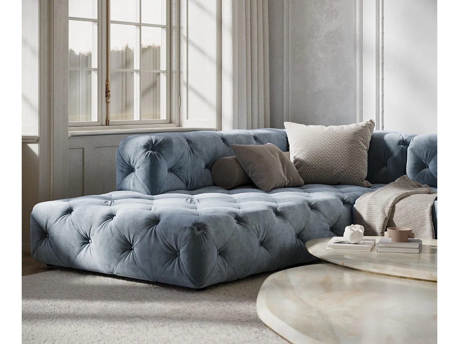Canapé d'angle Cosimo - velours - 5 places - bleu