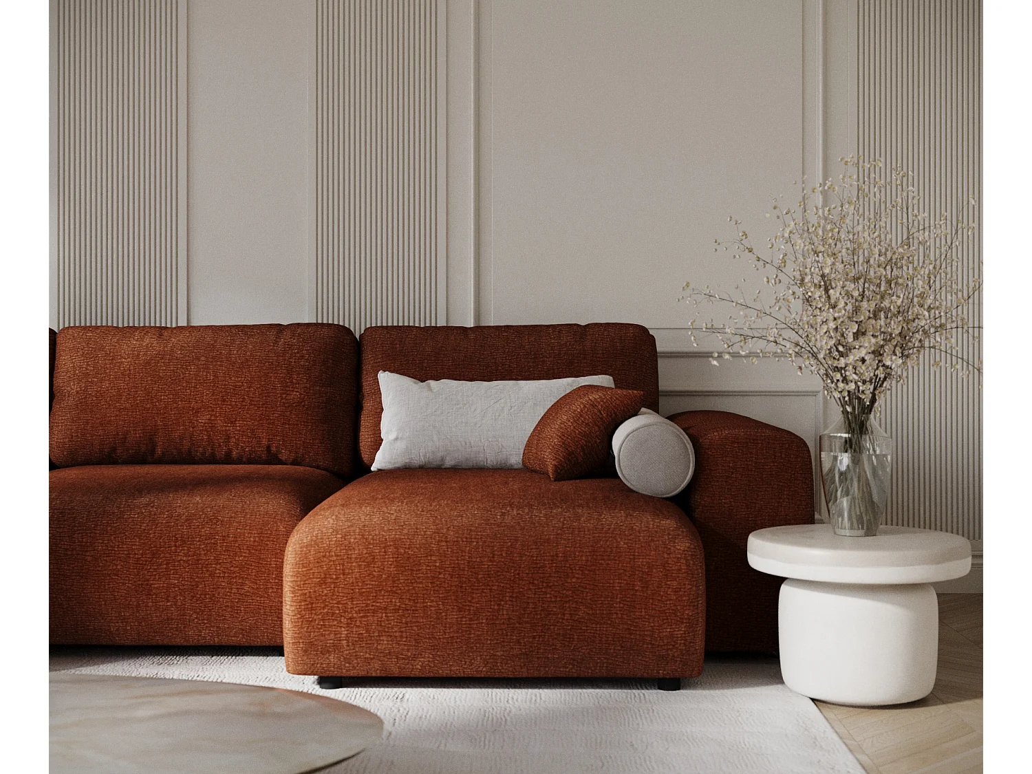 Canapé d'angle panoramique en tissu chenille Zanzibar - 6 places - couleur cuivre