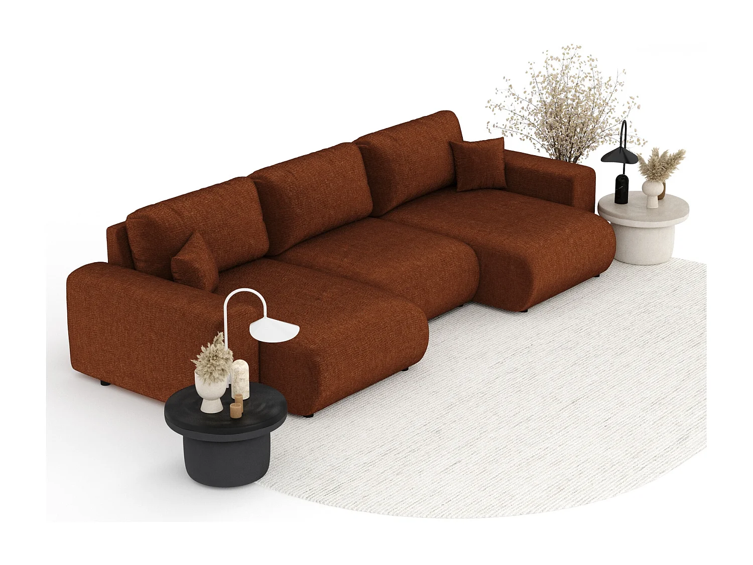 Canapé d'angle panoramique en tissu chenille Zanzibar - 6 places - couleur cuivre