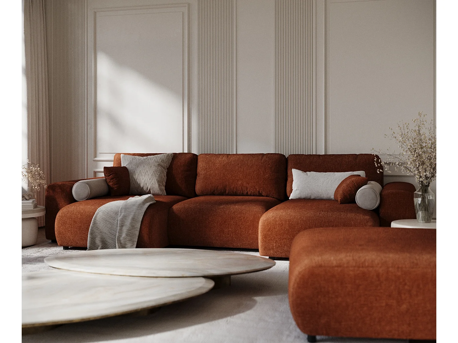 Canapé d'angle panoramique en tissu chenille Zanzibar - 6 places - couleur cuivre