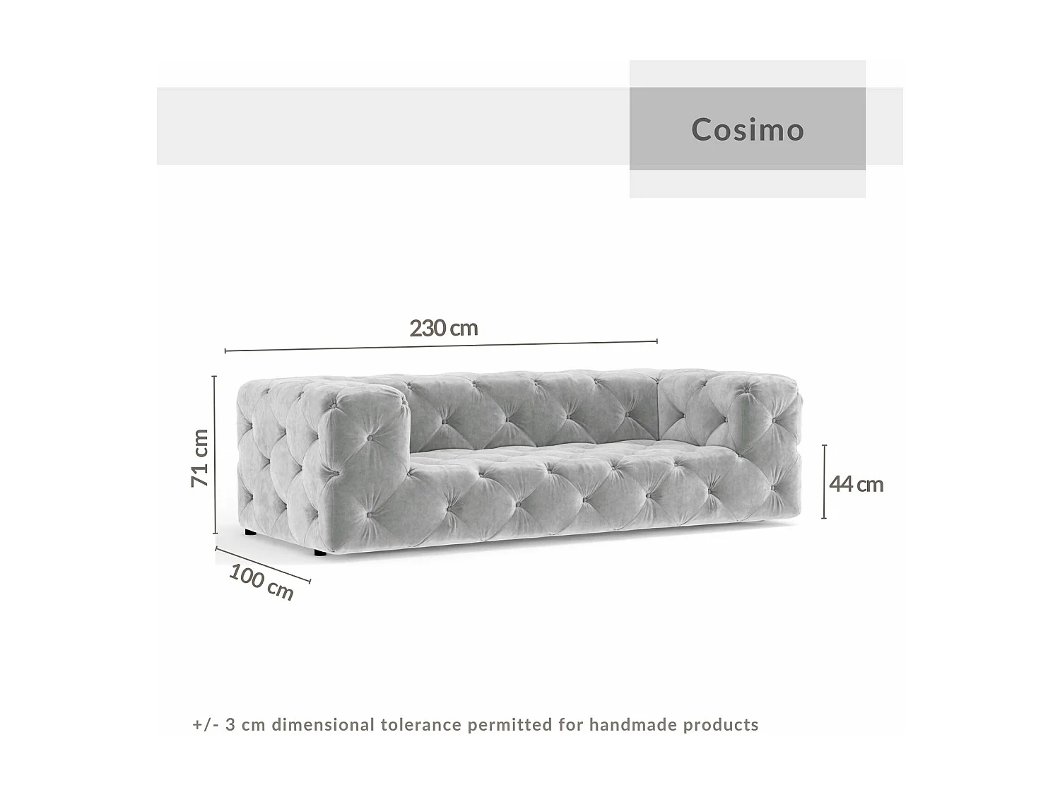 Canapé Cosimo - velours - 3 places - gris