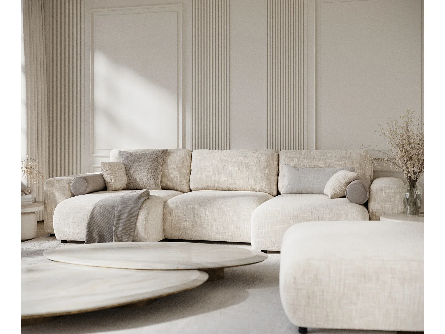 Canapé d'angle panoramique en toile tissée Zanzibar - 6 places - creme