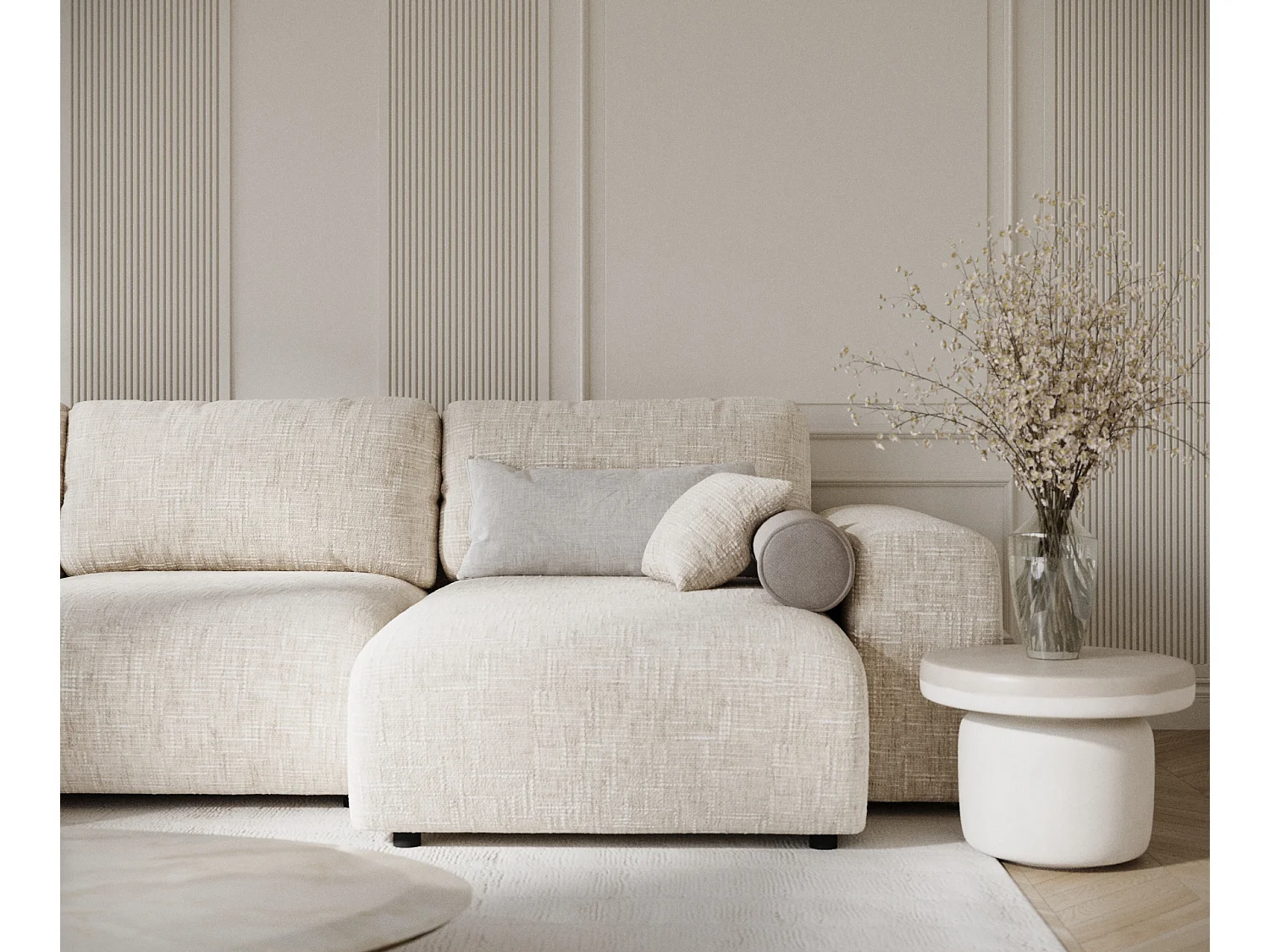 Canapé d'angle panoramique en toile tissée Zanzibar - 6 places - creme