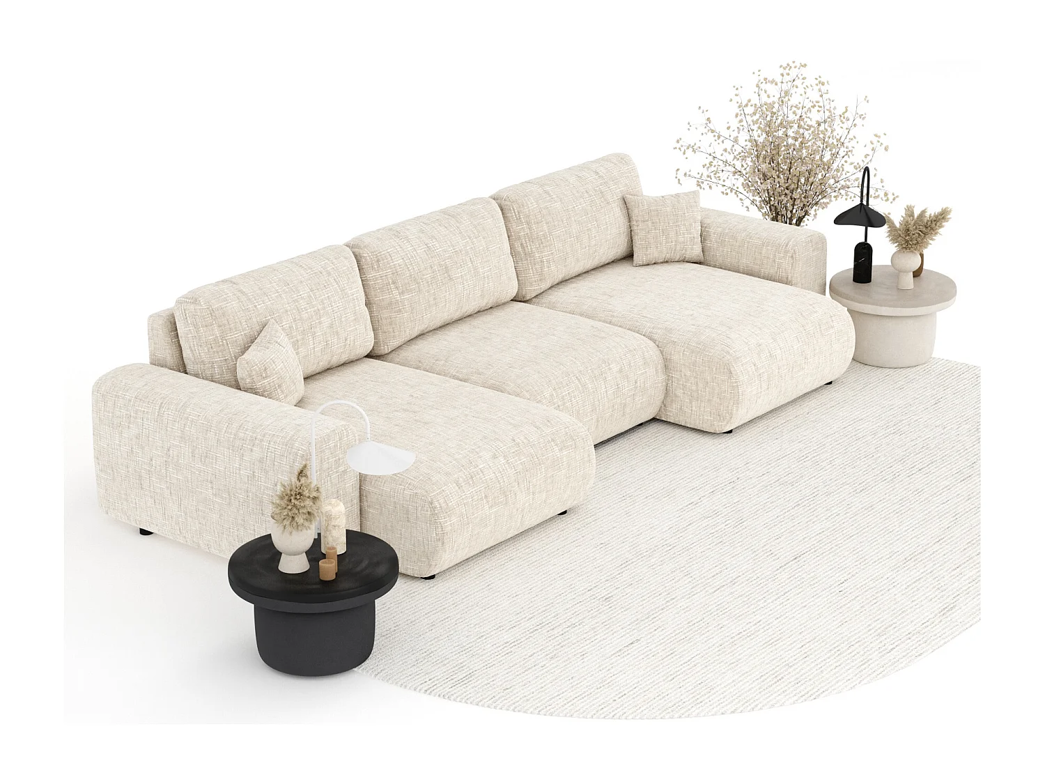 Canapé d'angle panoramique en toile tissée Zanzibar - 6 places - creme