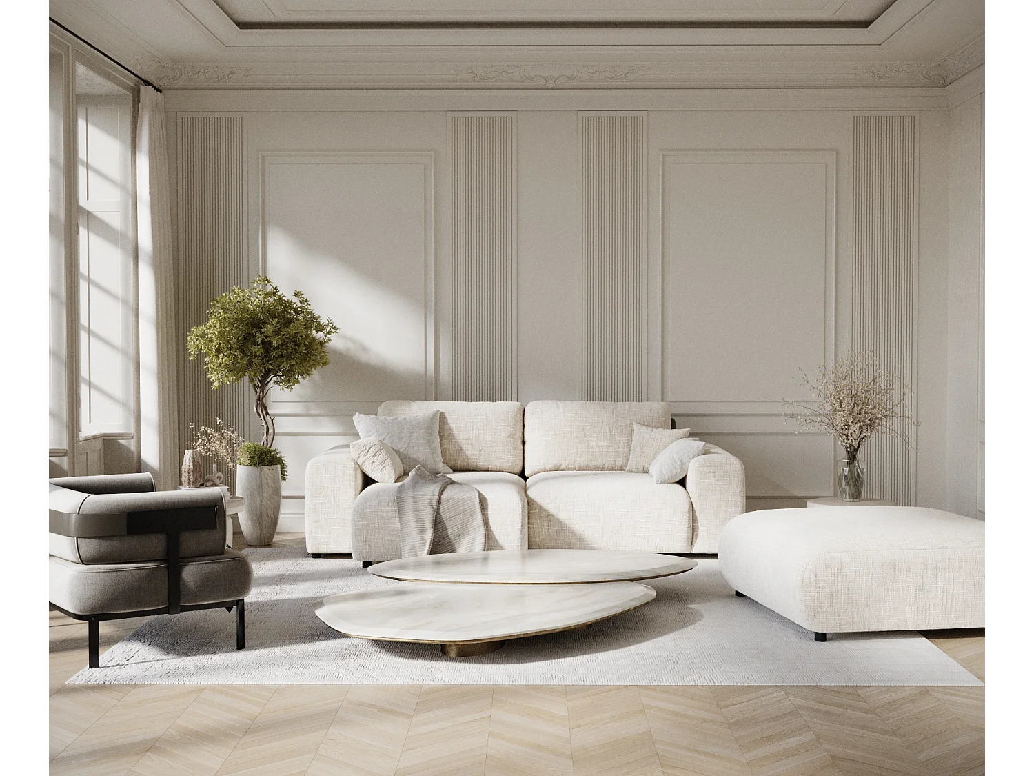 Canapé d'angle en toile tissée Zanzibar - 4 places - creme