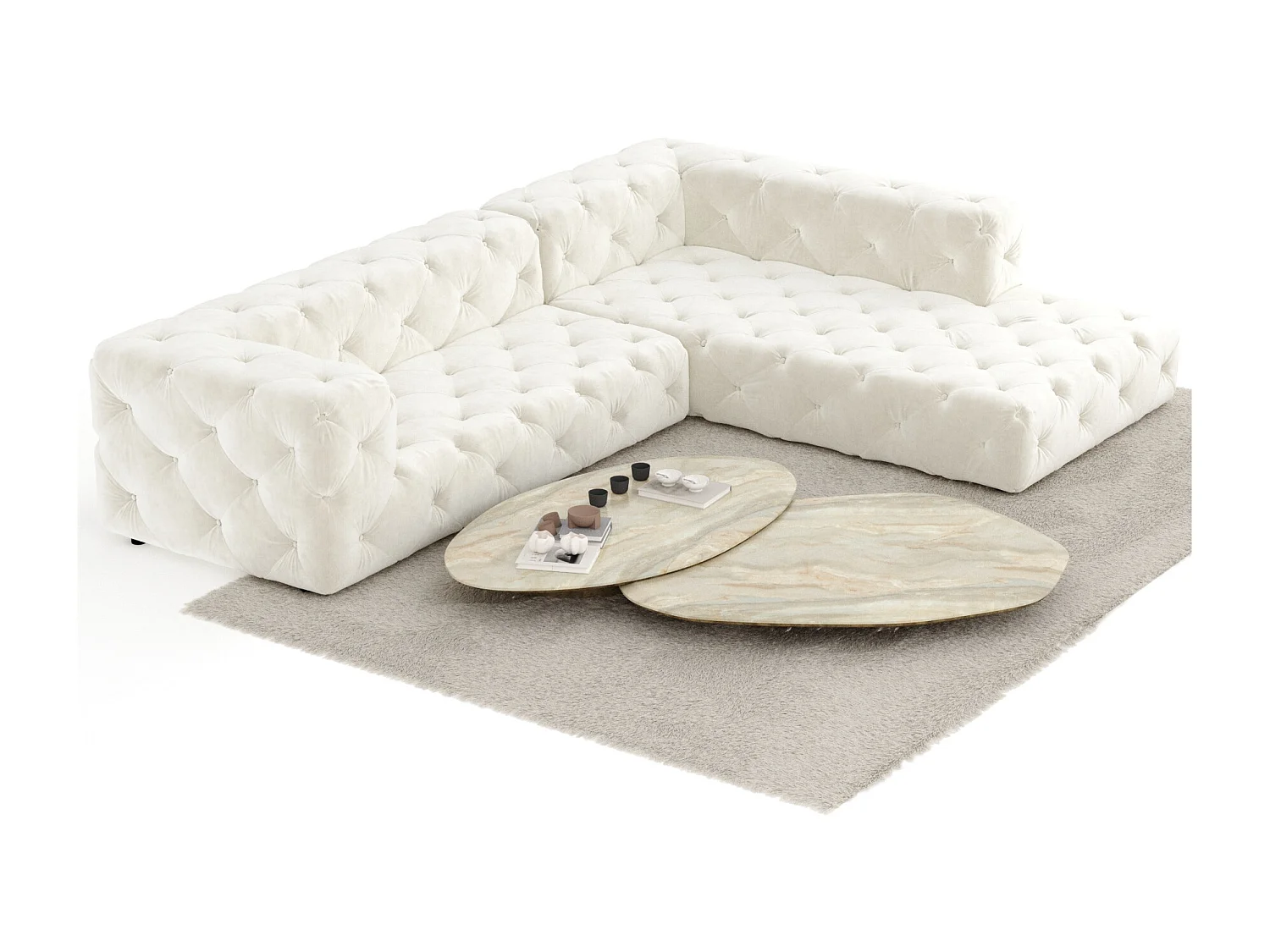 Canapé d'angle Cosimo - velours - 5 places - creme