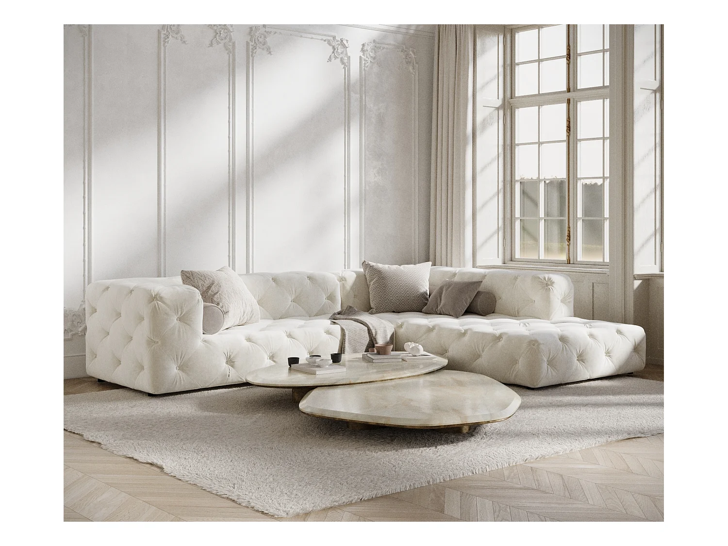 Ecksofa Cosimo - Samtstoff - Fünf-Personen - creme