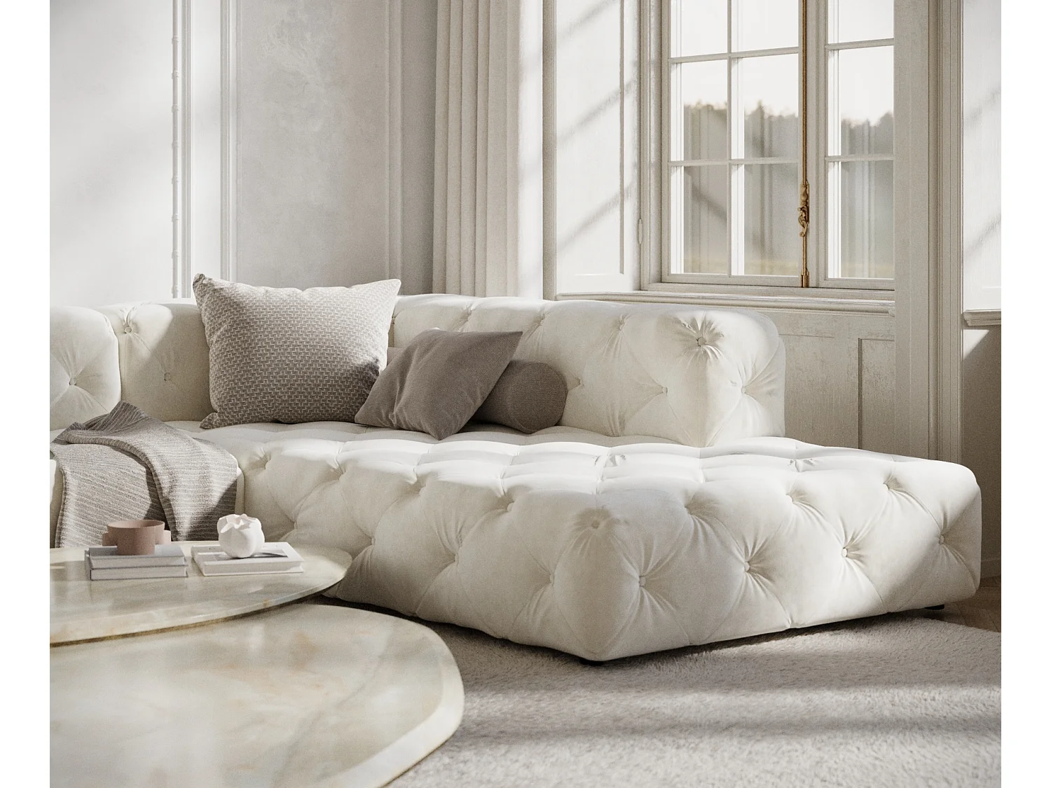 Canapé d'angle Cosimo - velours - 5 places - creme