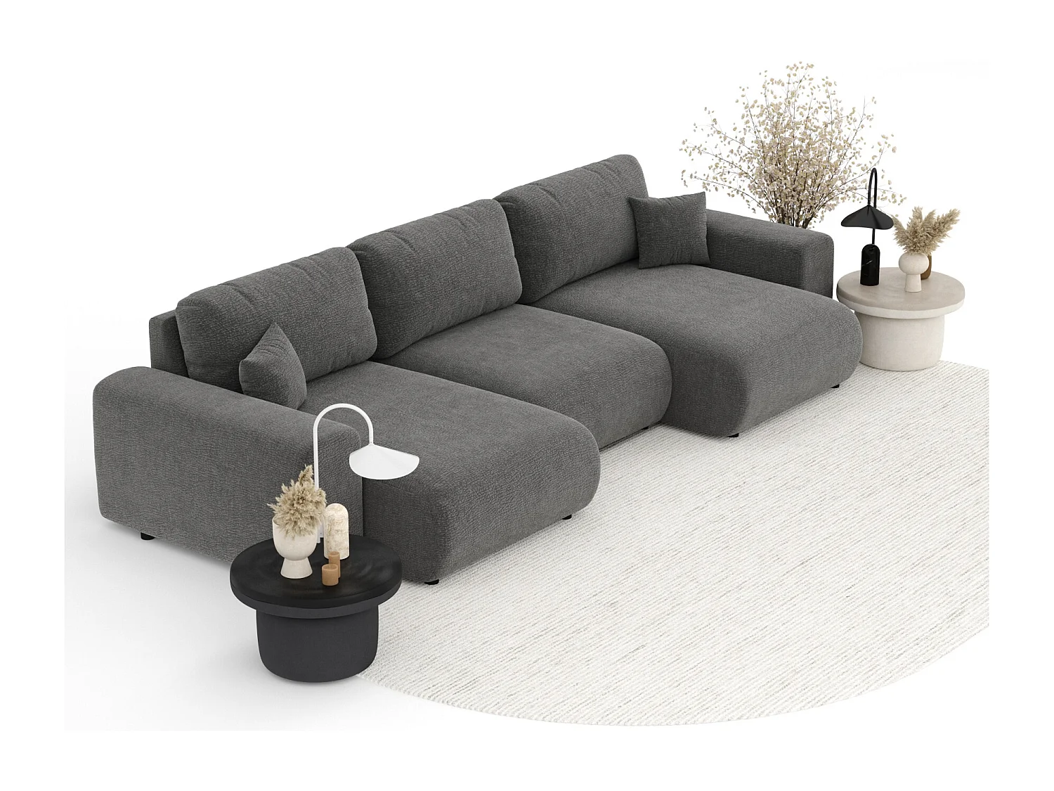 Canapé d'angle panoramique en tissu chenille Zanzibar - 6 places - gris