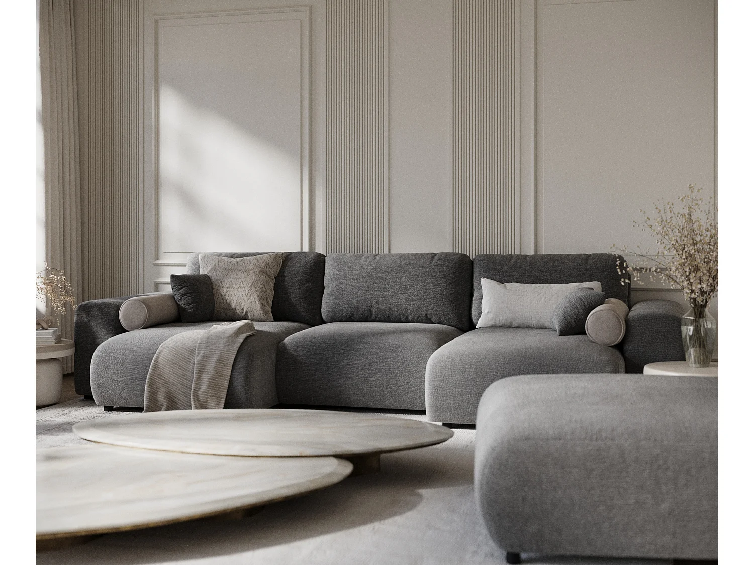 Canapé d'angle panoramique en tissu chenille Zanzibar - 6 places - gris