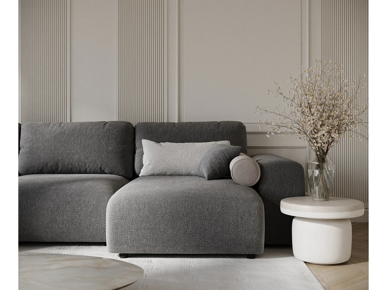 Canapé d'angle panoramique en tissu chenille Zanzibar - 6 places - gris