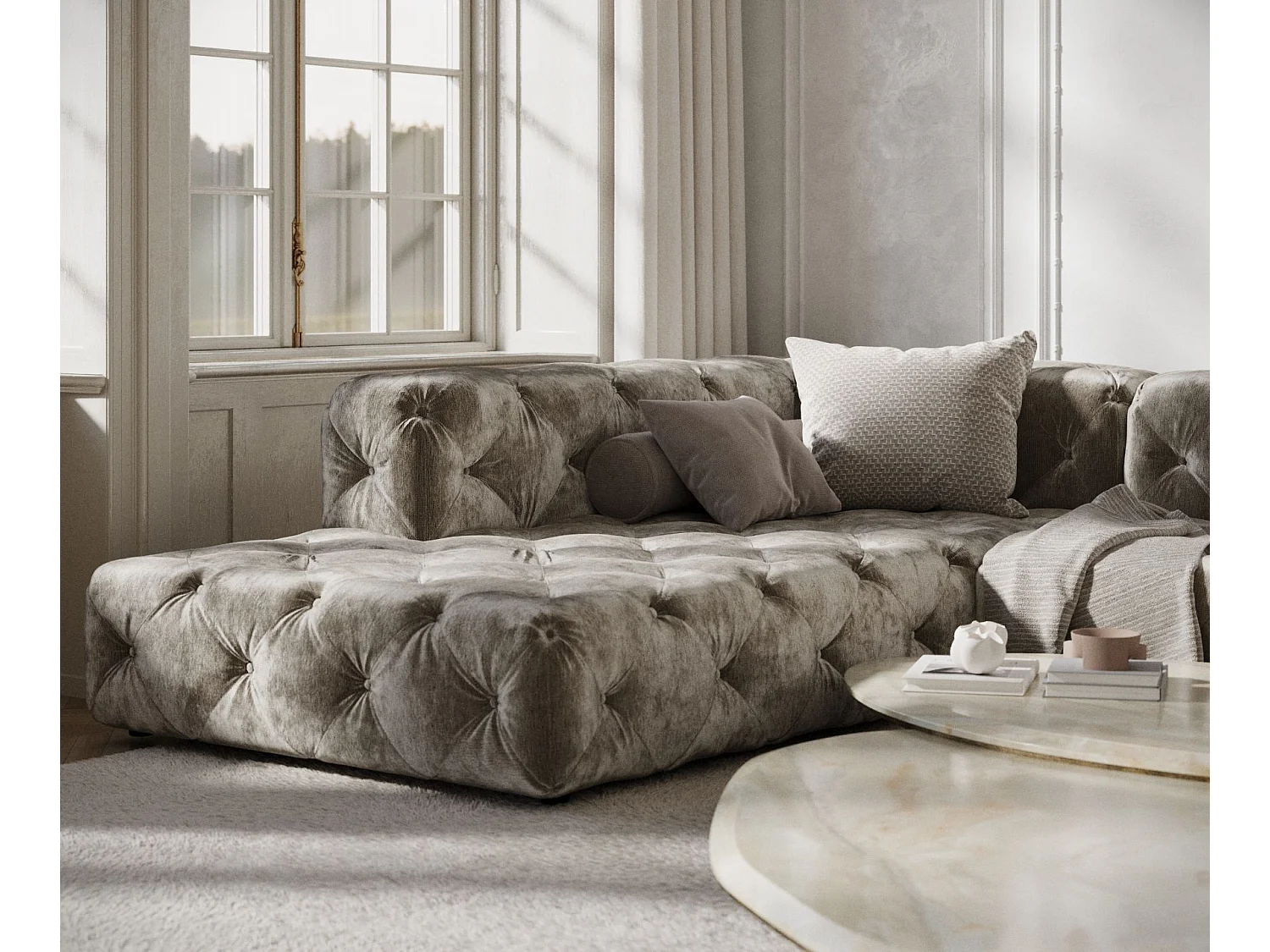 Canapé d'angle Cosimo - chenille - 5 places - beige