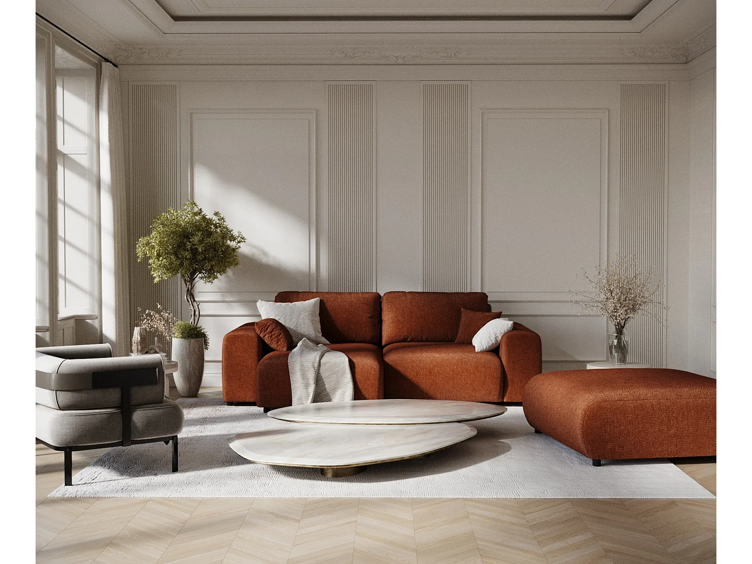 Canapé d'angle en tissu chenille Zanzibar - 4 places - couleur cuivre