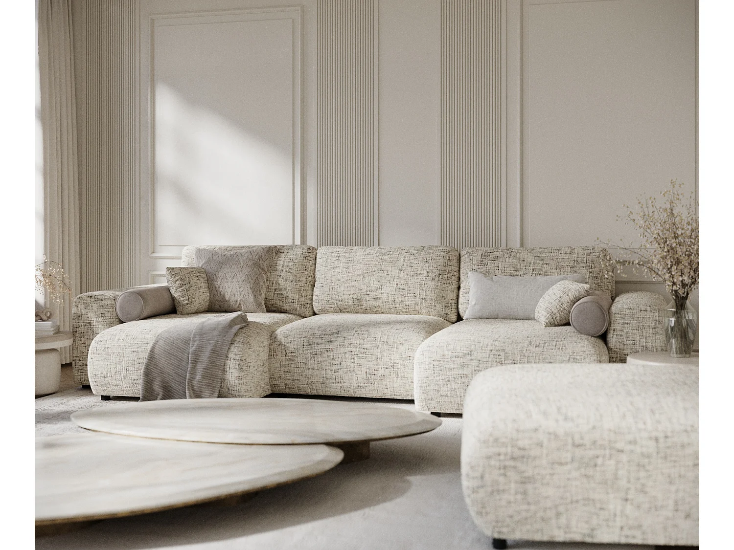 Canapé d'angle panoramique en toile tissée Zanzibar - 6 places - beige mélangé