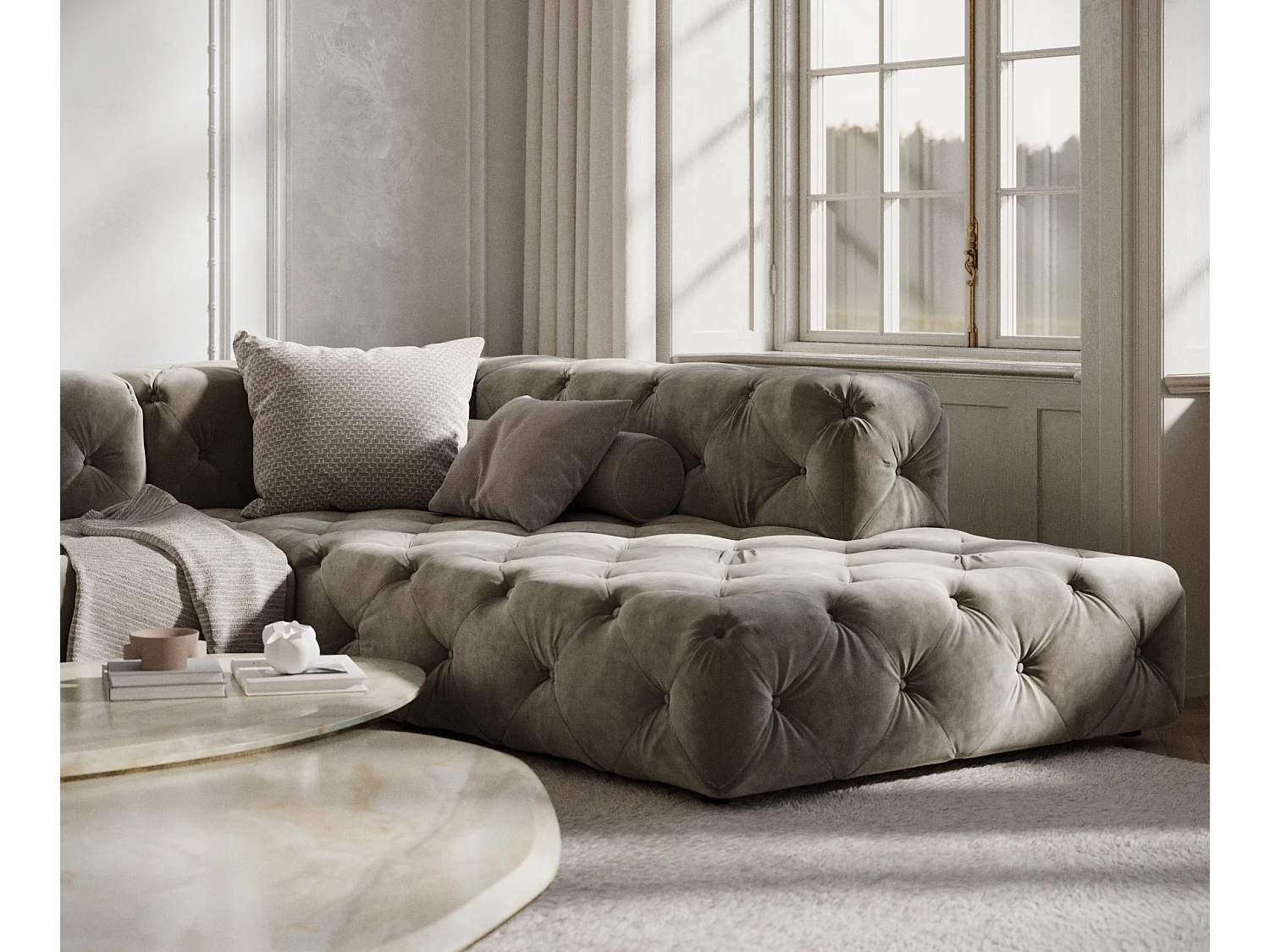 Canapé d'angle Cosimo - velours - 5 places - taupe