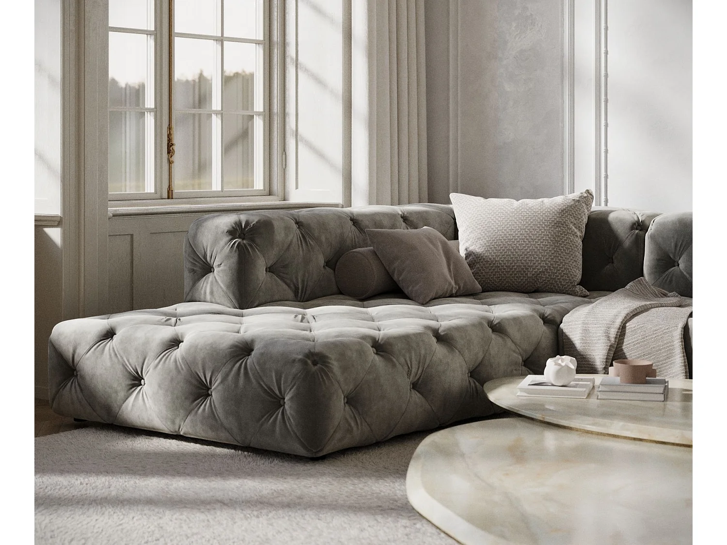 Canapé d'angle Cosimo - velours - 5 places - gris