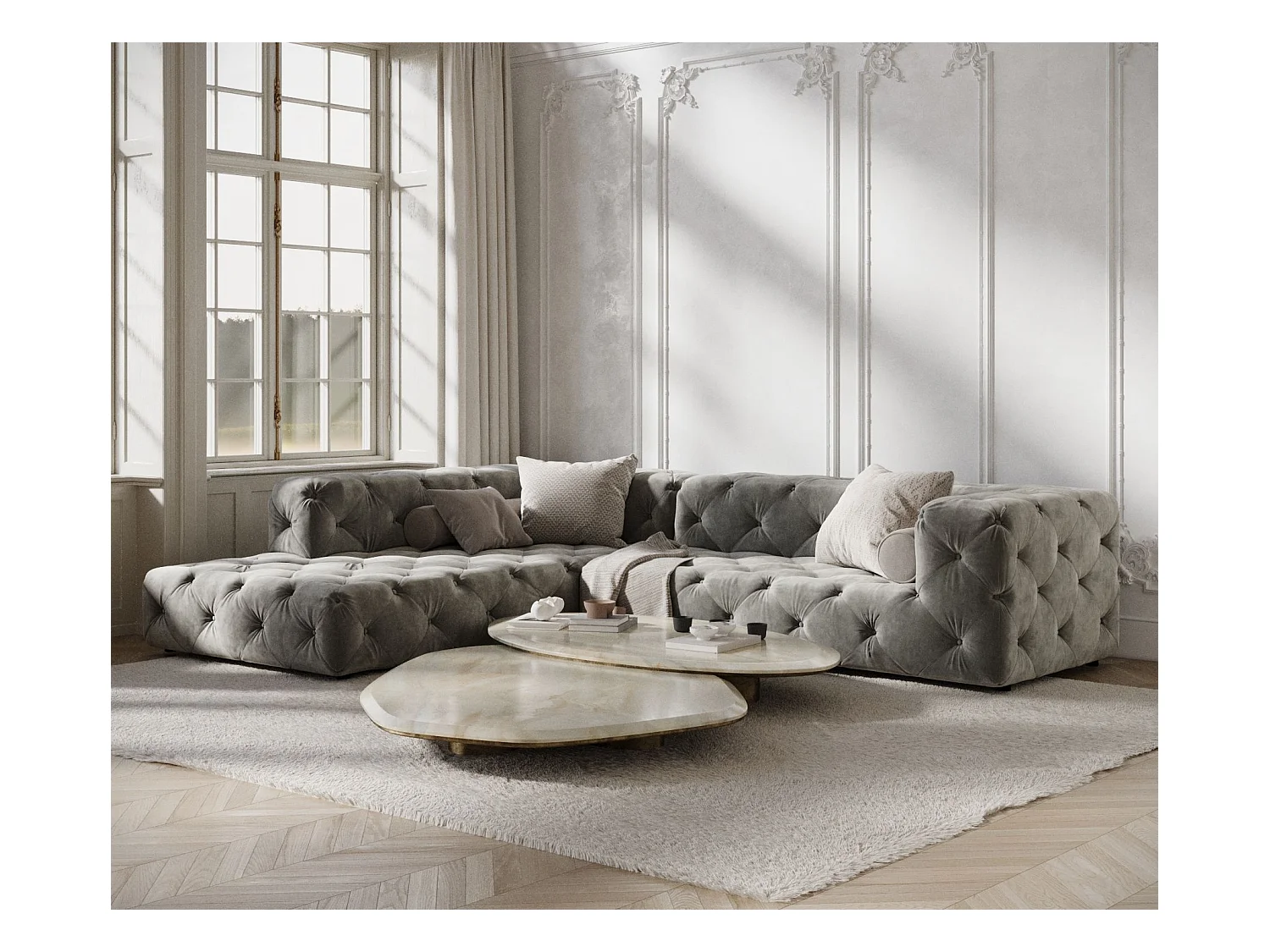 Ecksofa Cosimo - Samtstoff - Fünf-Personen - grau