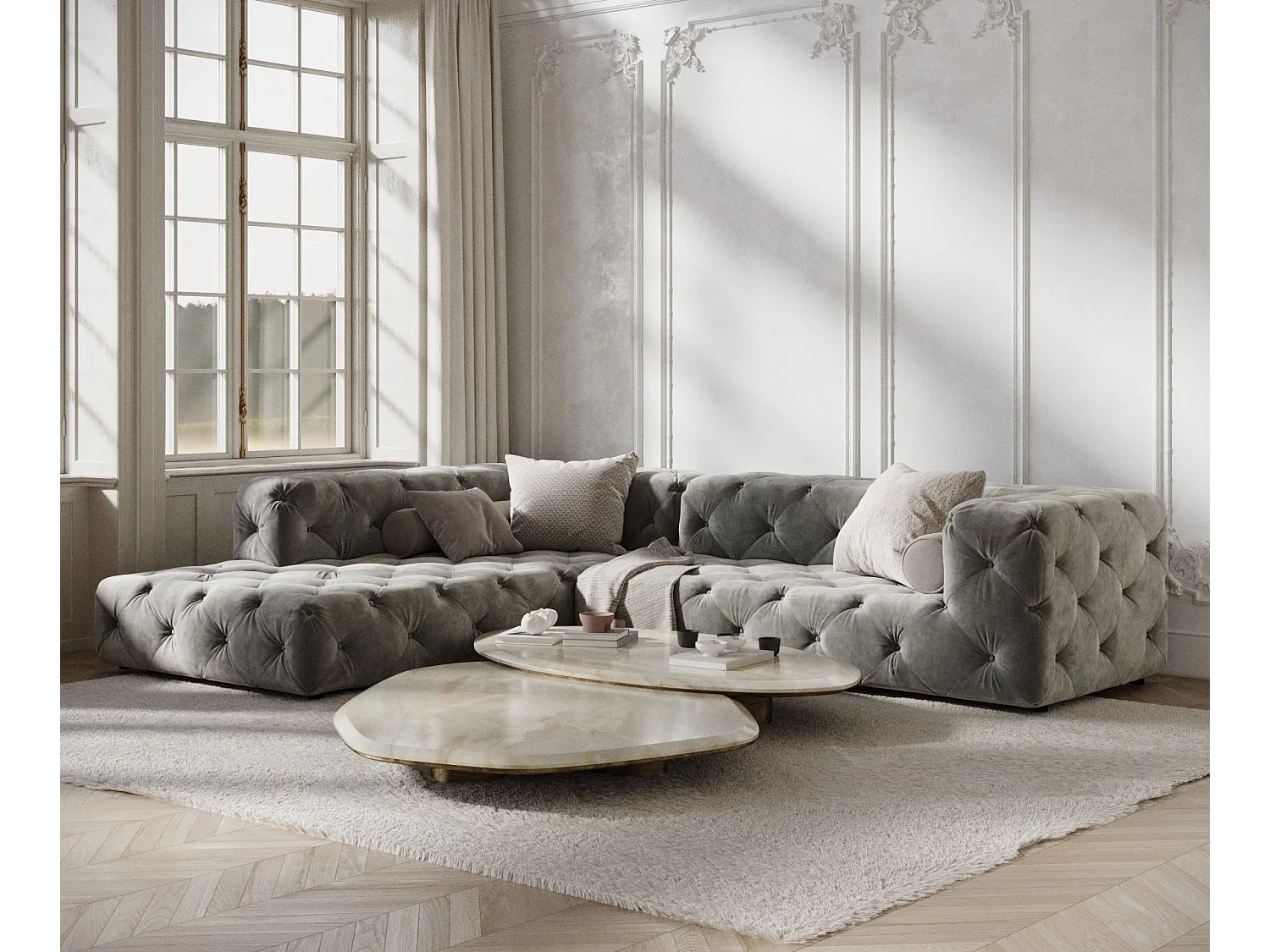 Canapé d'angle Cosimo - velours - 5 places - gris