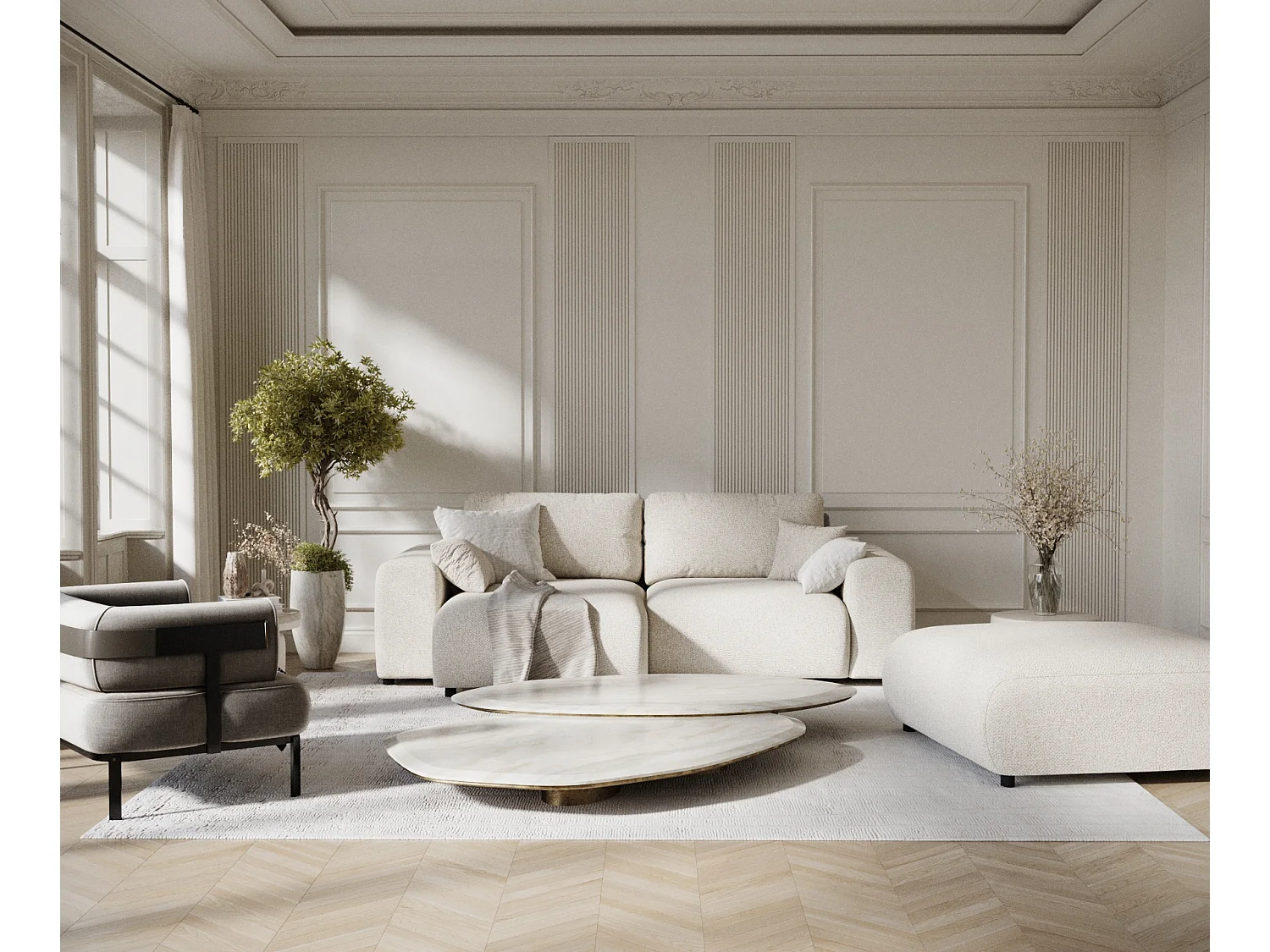 Canapé d'angle en tissu bouclette Zanzibar - 4 places - beige clair