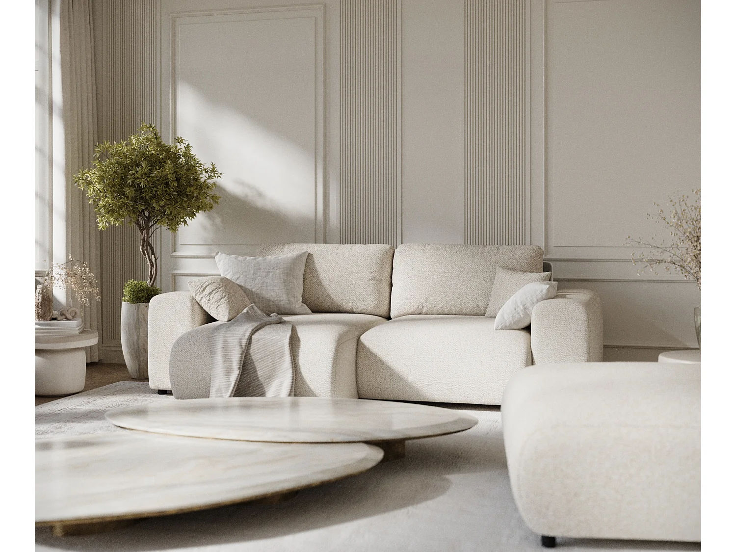 Canapé d'angle en tissu bouclette Zanzibar - 4 places - beige clair